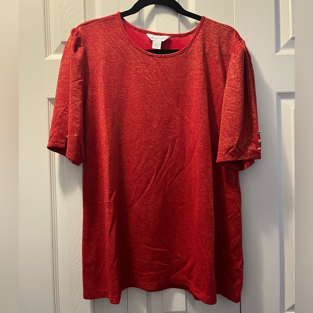 Liz Claiborne Red Gold sparkly blouse with gold buttons